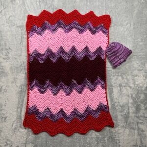 Handmade Crochet Chevron Baby Blanket and Hat Set Pink Purple Red 28x20